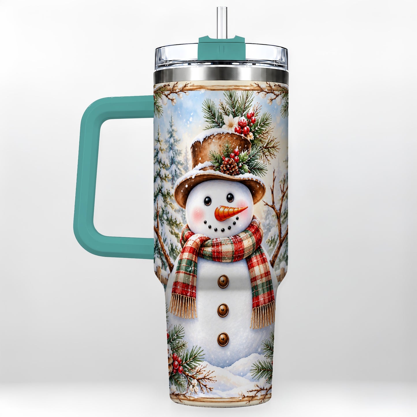 #pl[40oz|Green] Rustic Snowman 40oz Tumbler with Handle, Winter Travel Cup