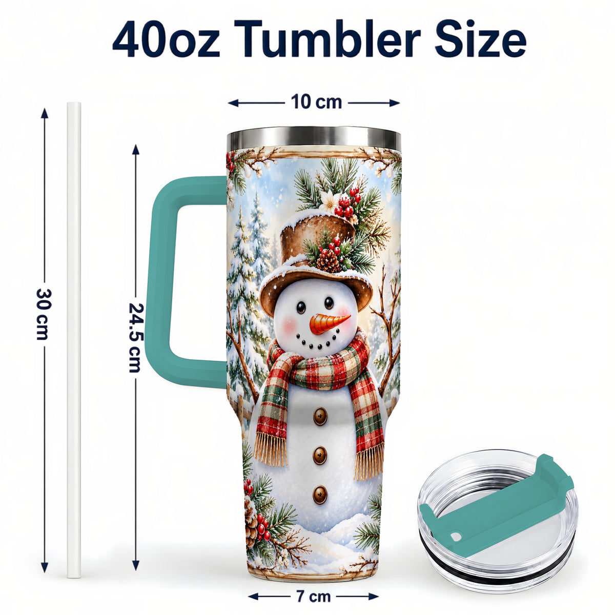 #pl[40oz|Green] Rustic Snowman 40oz Tumbler with Handle, Winter Travel Cup