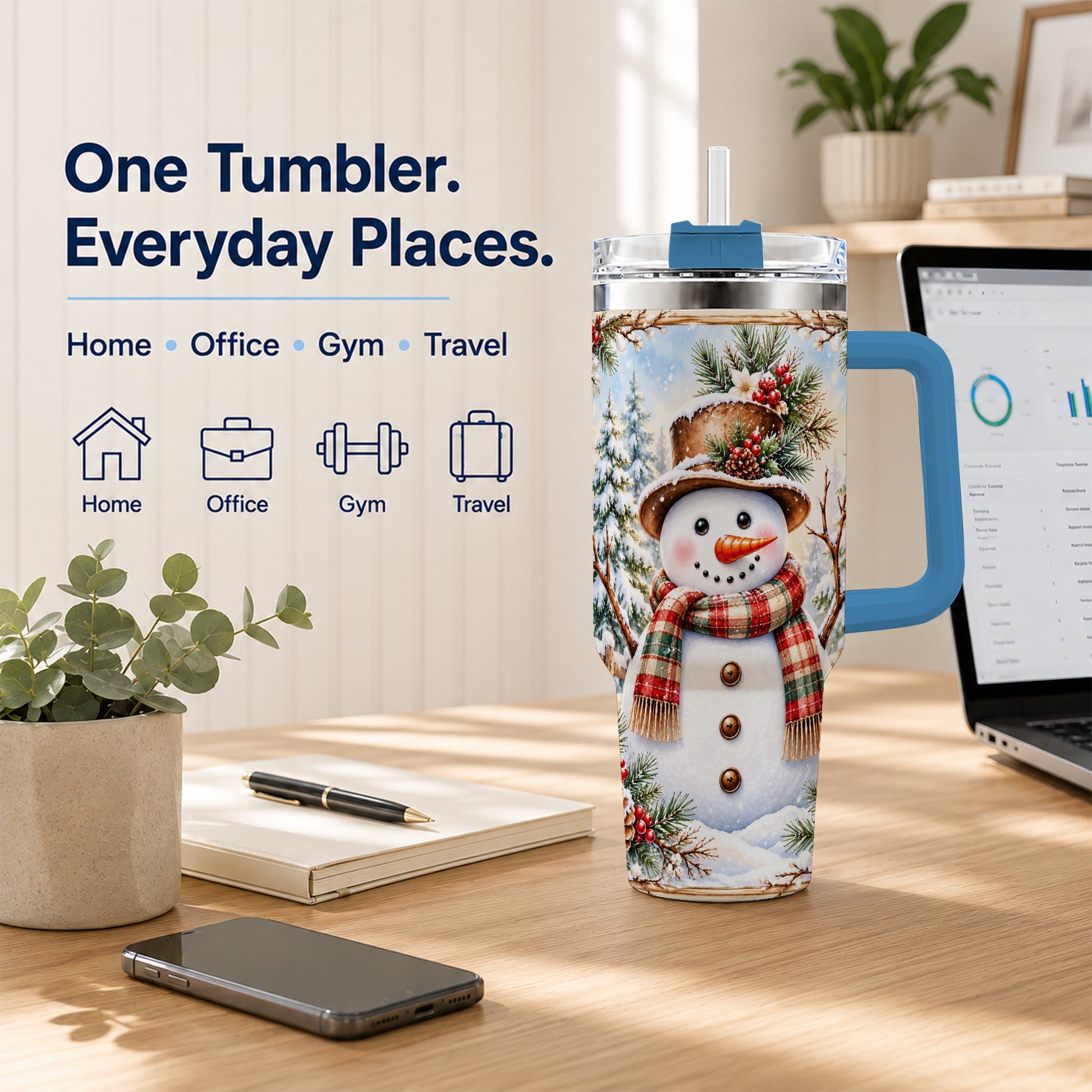 #pl[40oz|Blue] Rustic Snowman 40oz Tumbler with Handle, Winter Travel Cup
