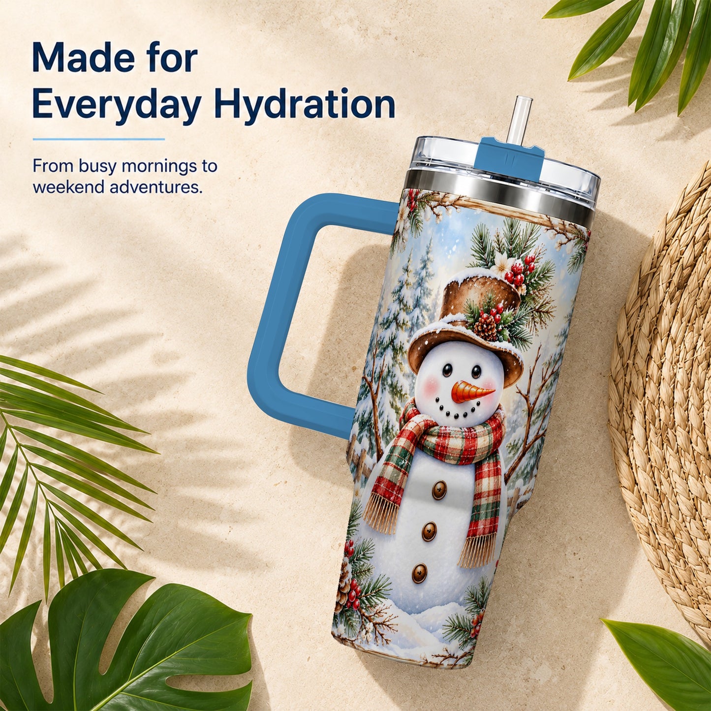 #pl[40oz|Blue] Rustic Snowman 40oz Tumbler with Handle, Winter Travel Cup