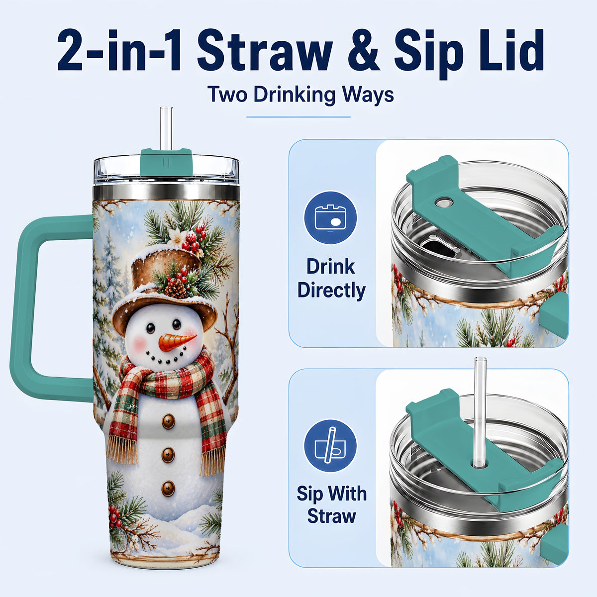 #pl[40oz|Green] Rustic Snowman 40oz Tumbler with Handle, Winter Travel Cup