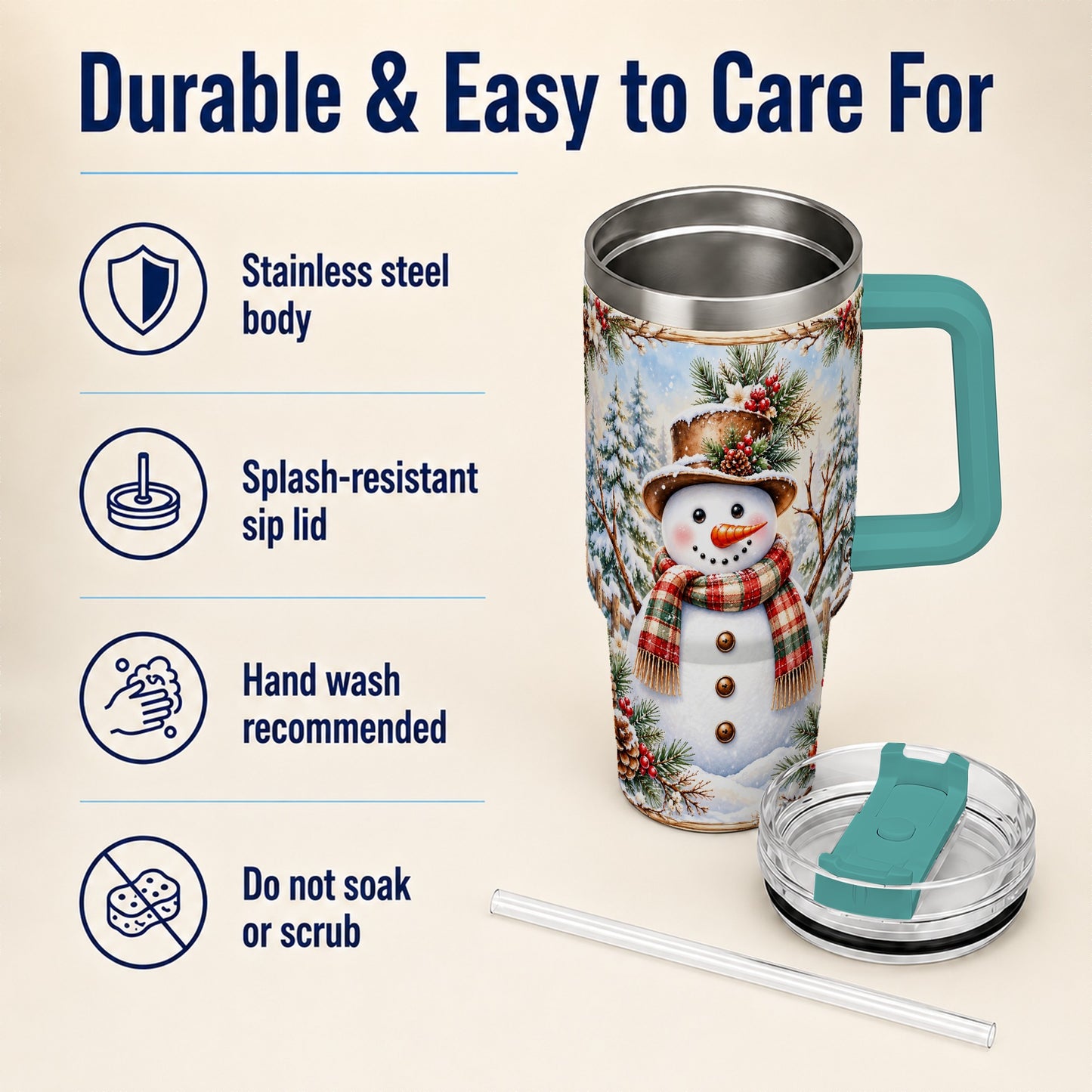 #pl[40oz|Green] Rustic Snowman 40oz Tumbler with Handle, Winter Travel Cup
