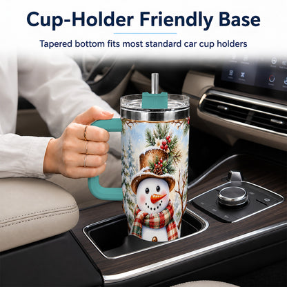 #pl[40oz|Green] Rustic Snowman 40oz Tumbler with Handle, Winter Travel Cup