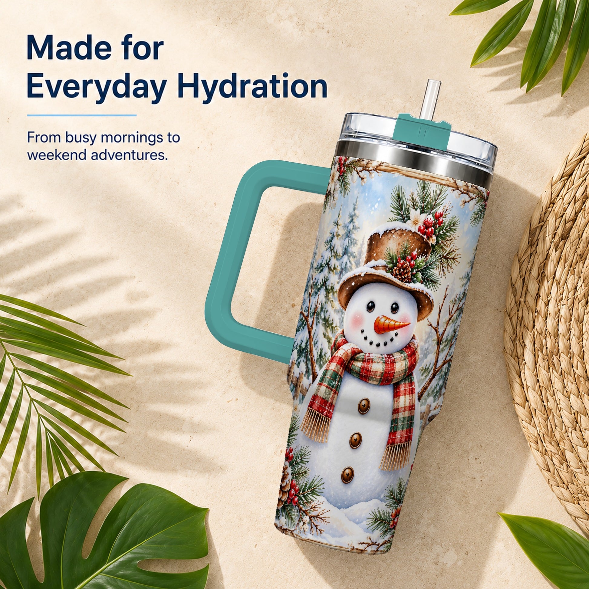 #pl[40oz|Green] Rustic Snowman 40oz Tumbler with Handle, Winter Travel Cup