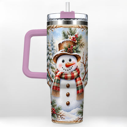 #pl[40oz|Pink] Rustic Snowman 40oz Tumbler with Handle, Winter Travel Cup