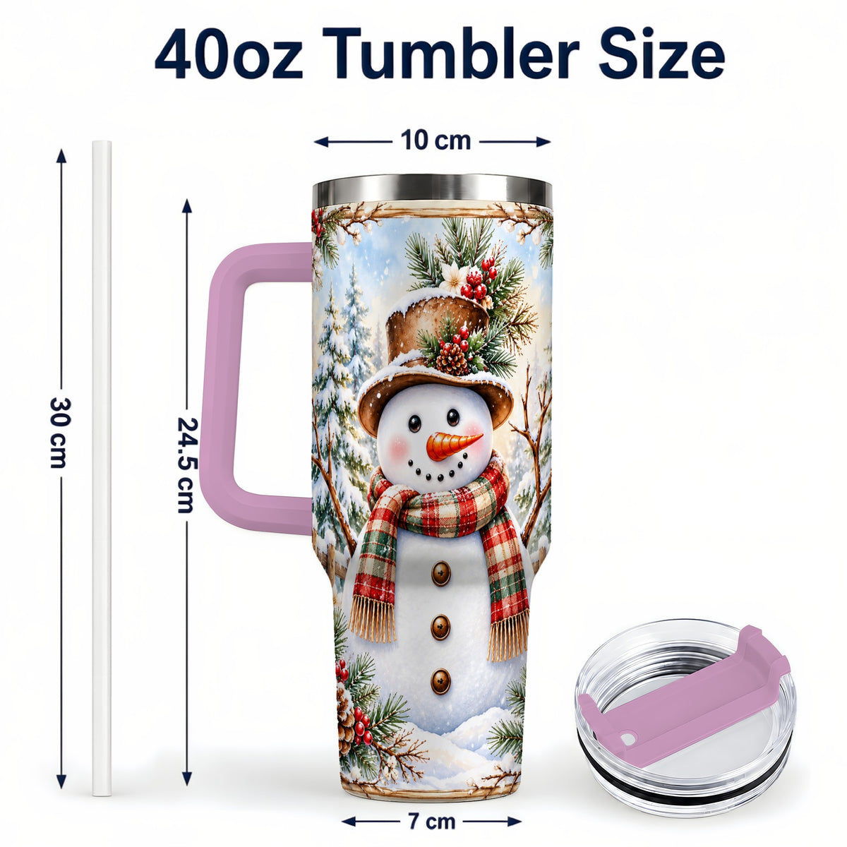 #pl[40oz|Pink] Rustic Snowman 40oz Tumbler with Handle, Winter Travel Cup