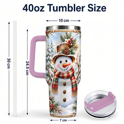 #pl[40oz|Pink] Rustic Snowman 40oz Tumbler with Handle, Winter Travel Cup