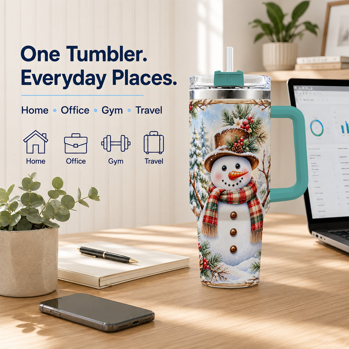 #pl[40oz|Green] Rustic Snowman 40oz Tumbler with Handle, Winter Travel Cup