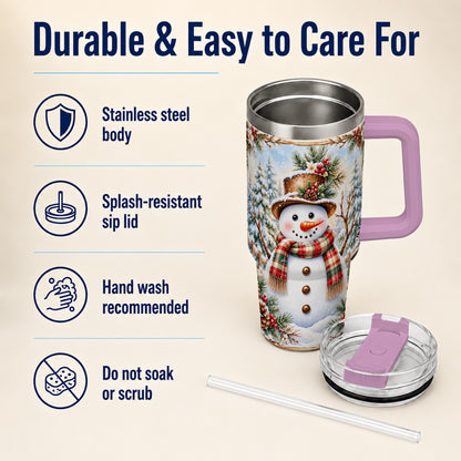 #pl[40oz|Pink] Rustic Snowman 40oz Tumbler with Handle, Winter Travel Cup
