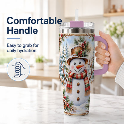 #pl[40oz|Pink] Rustic Snowman 40oz Tumbler with Handle, Winter Travel Cup