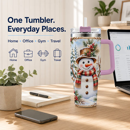#pl[40oz|Pink] Rustic Snowman 40oz Tumbler with Handle, Winter Travel Cup