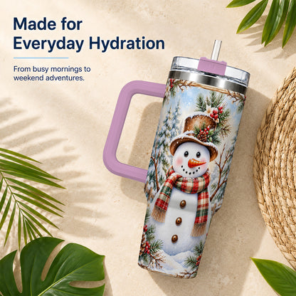 #pl[40oz|Pink] Rustic Snowman 40oz Tumbler with Handle, Winter Travel Cup