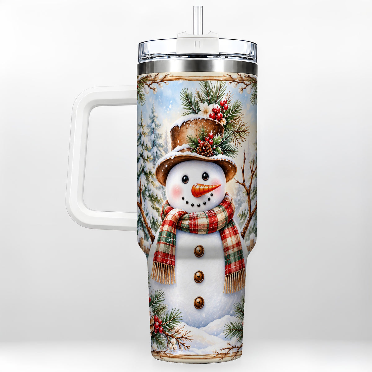 Rustic Snowman 40oz Tumbler with Handle, Winter Travel Cup