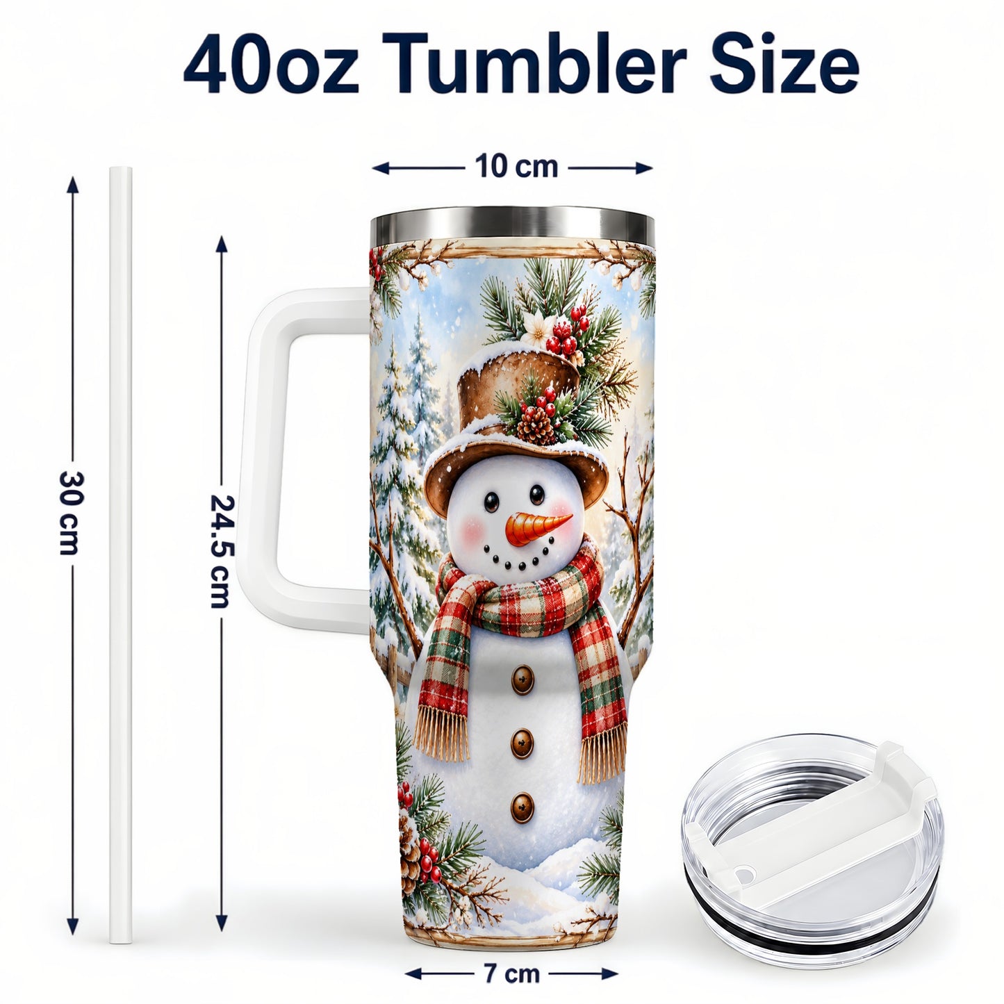 #pl[40oz|White] Rustic Snowman 40oz Tumbler with Handle, Winter Travel Cup