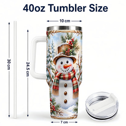 #pl[40oz|White] Rustic Snowman 40oz Tumbler with Handle, Winter Travel Cup
