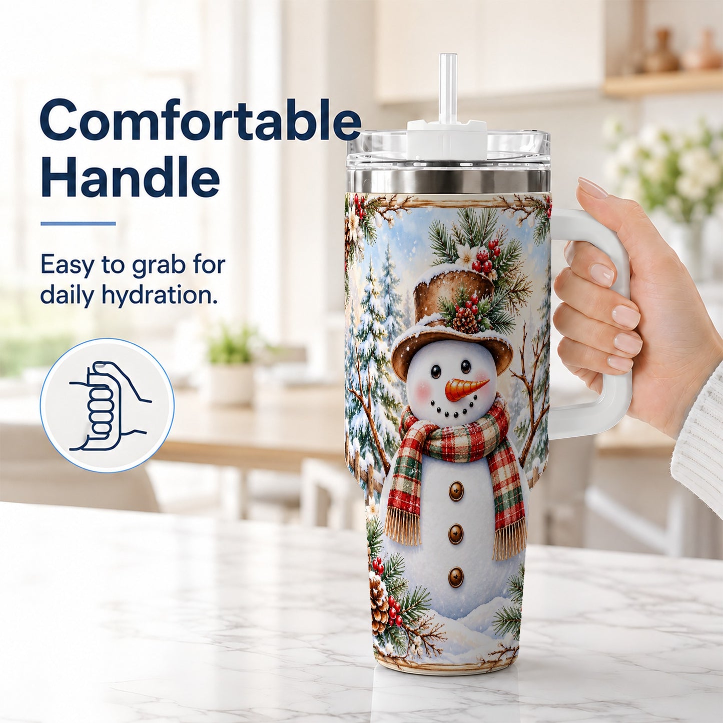 #pl[40oz|White] Rustic Snowman 40oz Tumbler with Handle, Winter Travel Cup