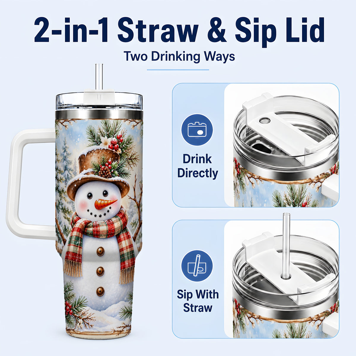 #pl[40oz|White] Rustic Snowman 40oz Tumbler with Handle, Winter Travel Cup