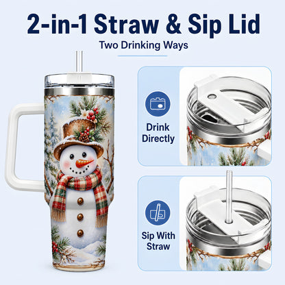 #pl[40oz|White] Rustic Snowman 40oz Tumbler with Handle, Winter Travel Cup