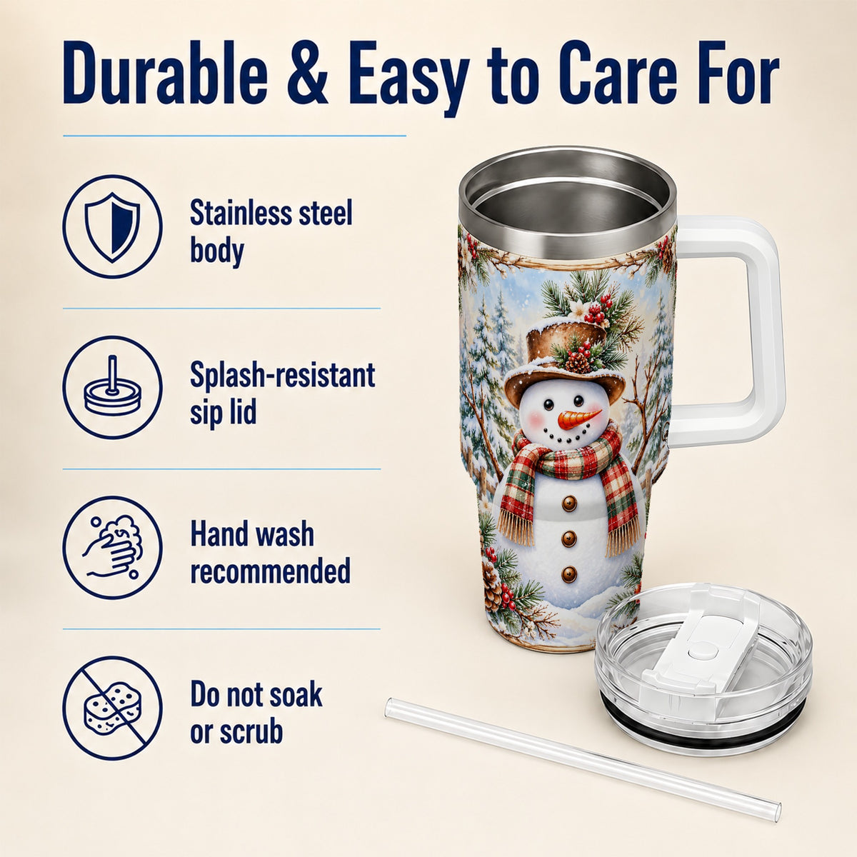 #pl[40oz|White] Rustic Snowman 40oz Tumbler with Handle, Winter Travel Cup