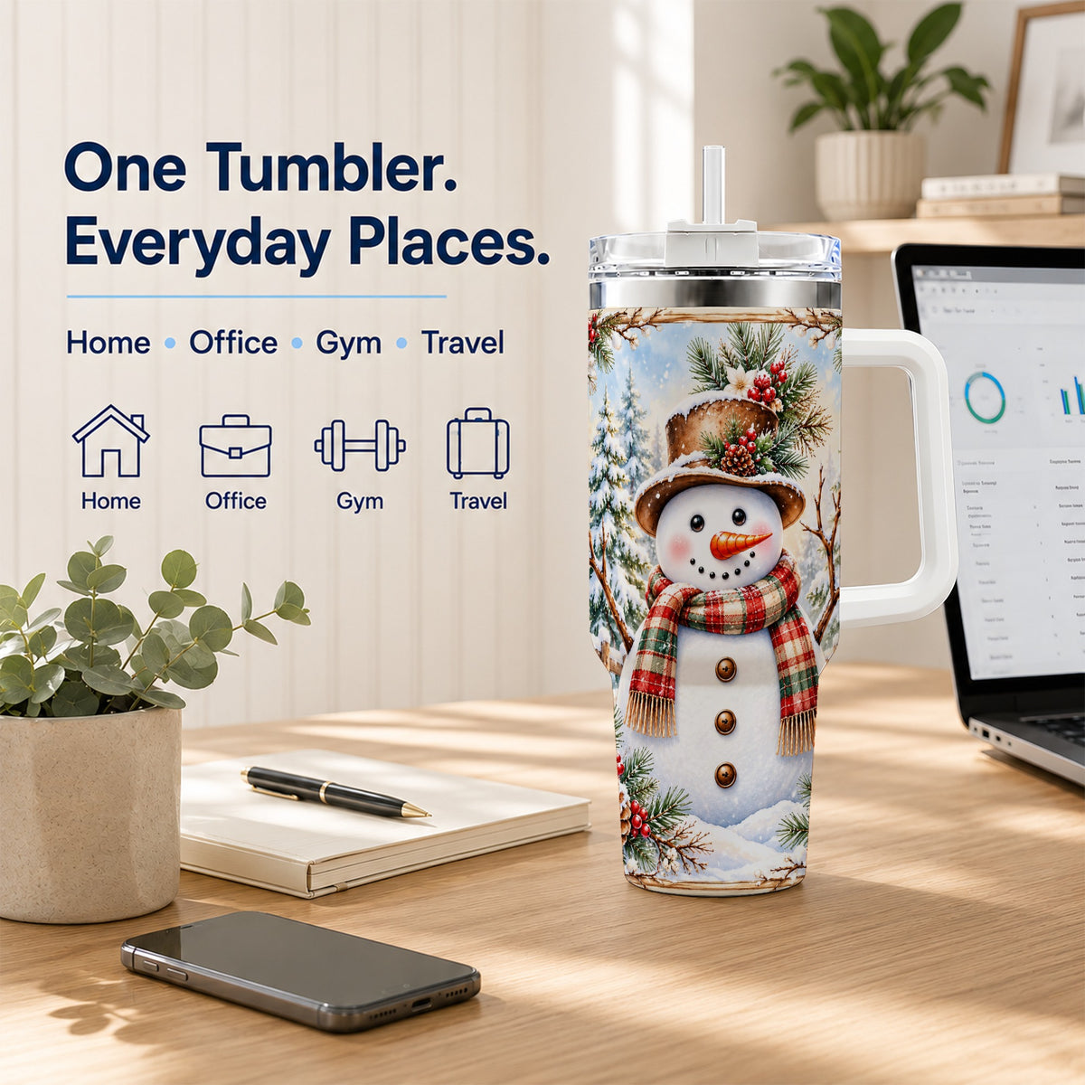#pl[40oz|White] Rustic Snowman 40oz Tumbler with Handle, Winter Travel Cup