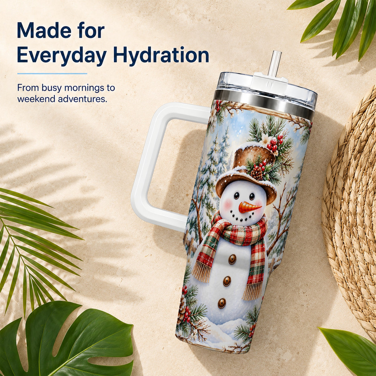 #pl[40oz|White] Rustic Snowman 40oz Tumbler with Handle, Winter Travel Cup