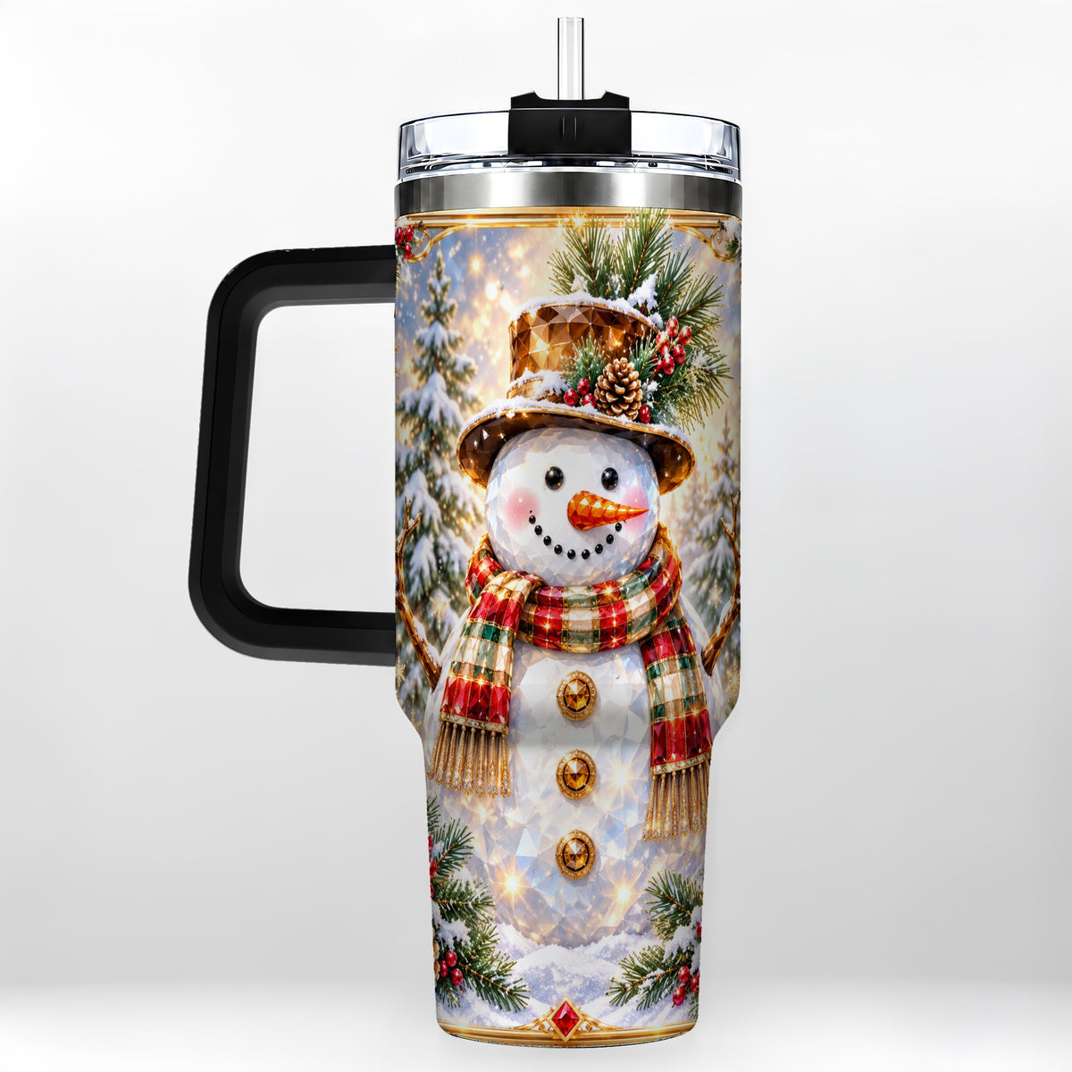 #pl[40oz|Black] Jeweled Snowman 40oz Tumbler with Handle, Christmas Travel Cup