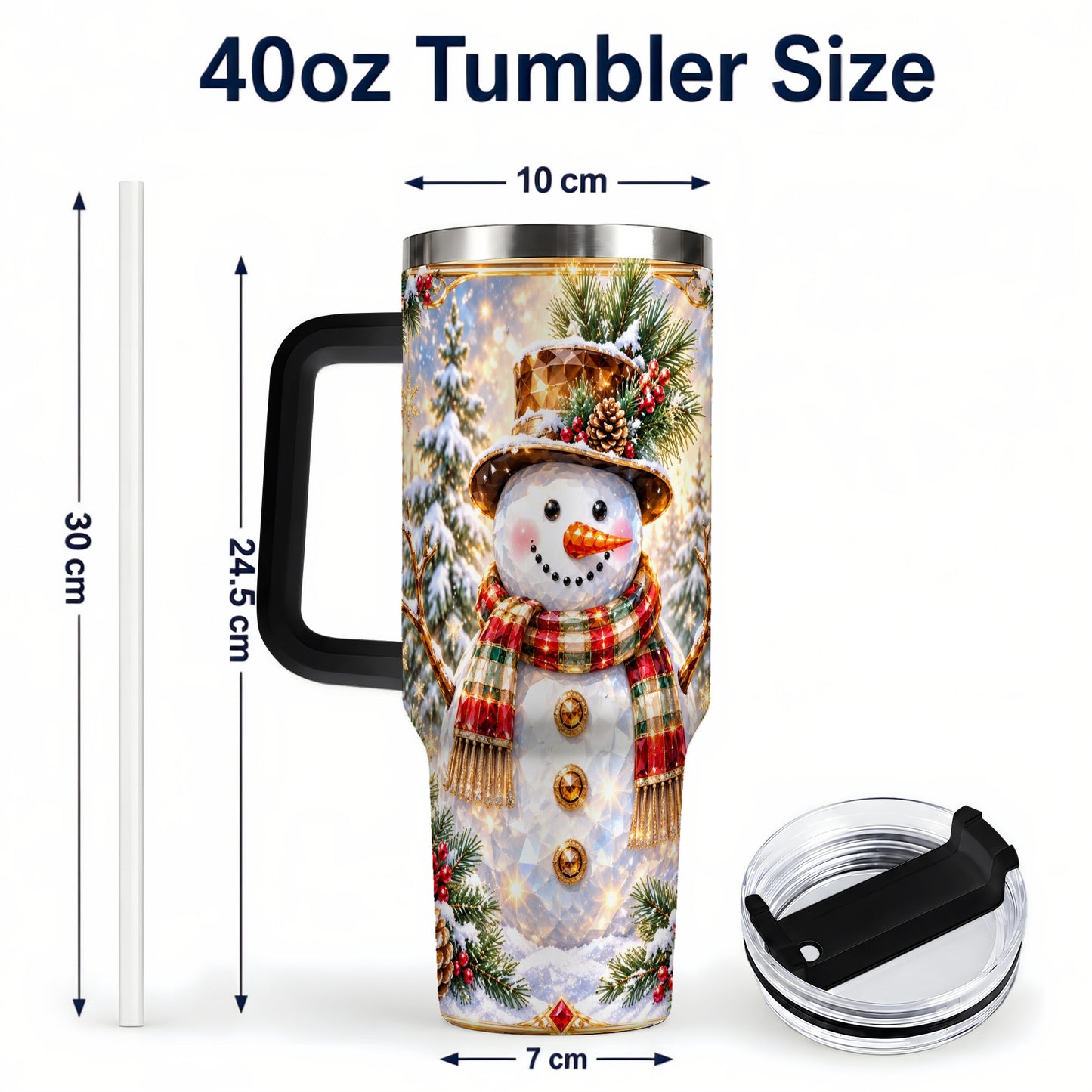 #pl[40oz|Black] Jeweled Snowman 40oz Tumbler with Handle, Christmas Travel Cup