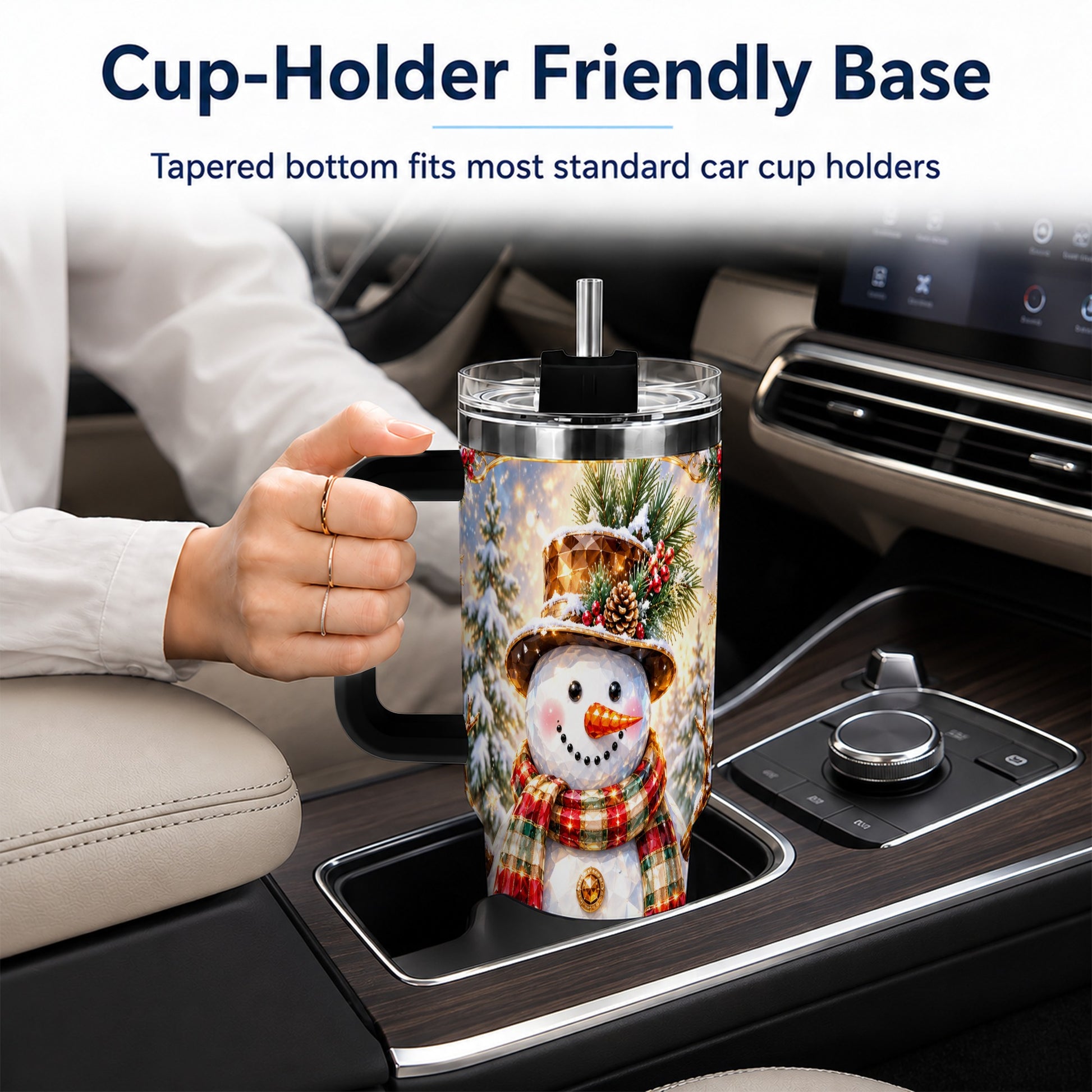 #pl[40oz|Black] Jeweled Snowman 40oz Tumbler with Handle, Christmas Travel Cup