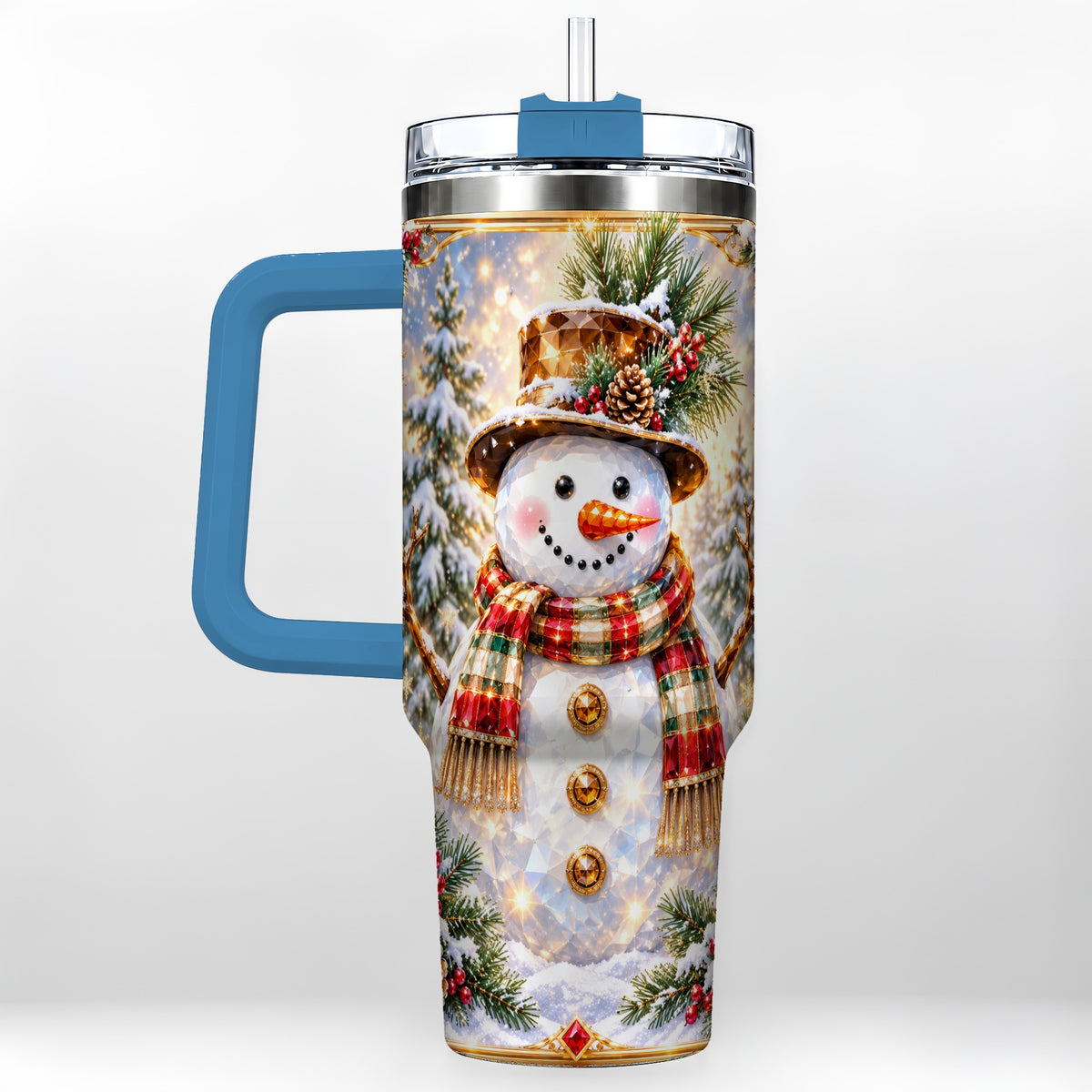 #pl[40oz|Blue] Jeweled Snowman 40oz Tumbler with Handle, Christmas Travel Cup