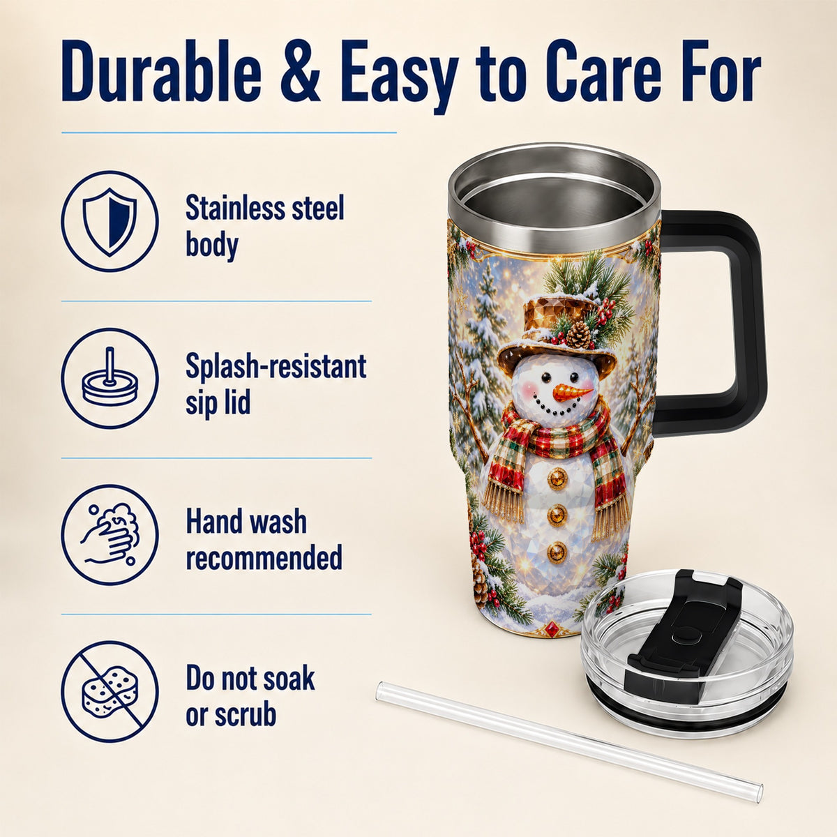 #pl[40oz|Black] Jeweled Snowman 40oz Tumbler with Handle, Christmas Travel Cup
