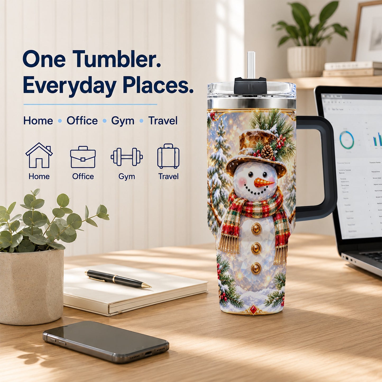 #pl[40oz|Black] Jeweled Snowman 40oz Tumbler with Handle, Christmas Travel Cup