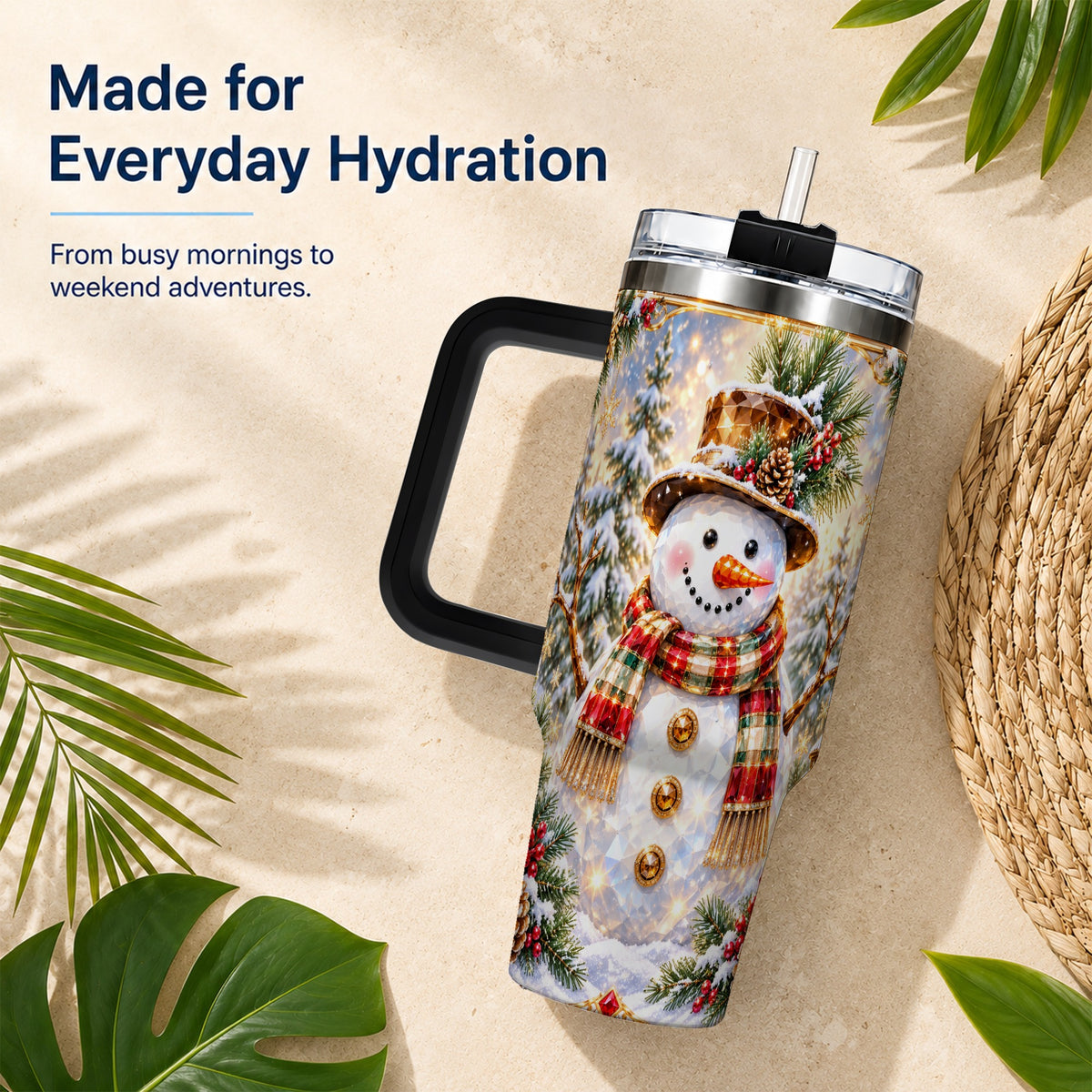 #pl[40oz|Black] Jeweled Snowman 40oz Tumbler with Handle, Christmas Travel Cup