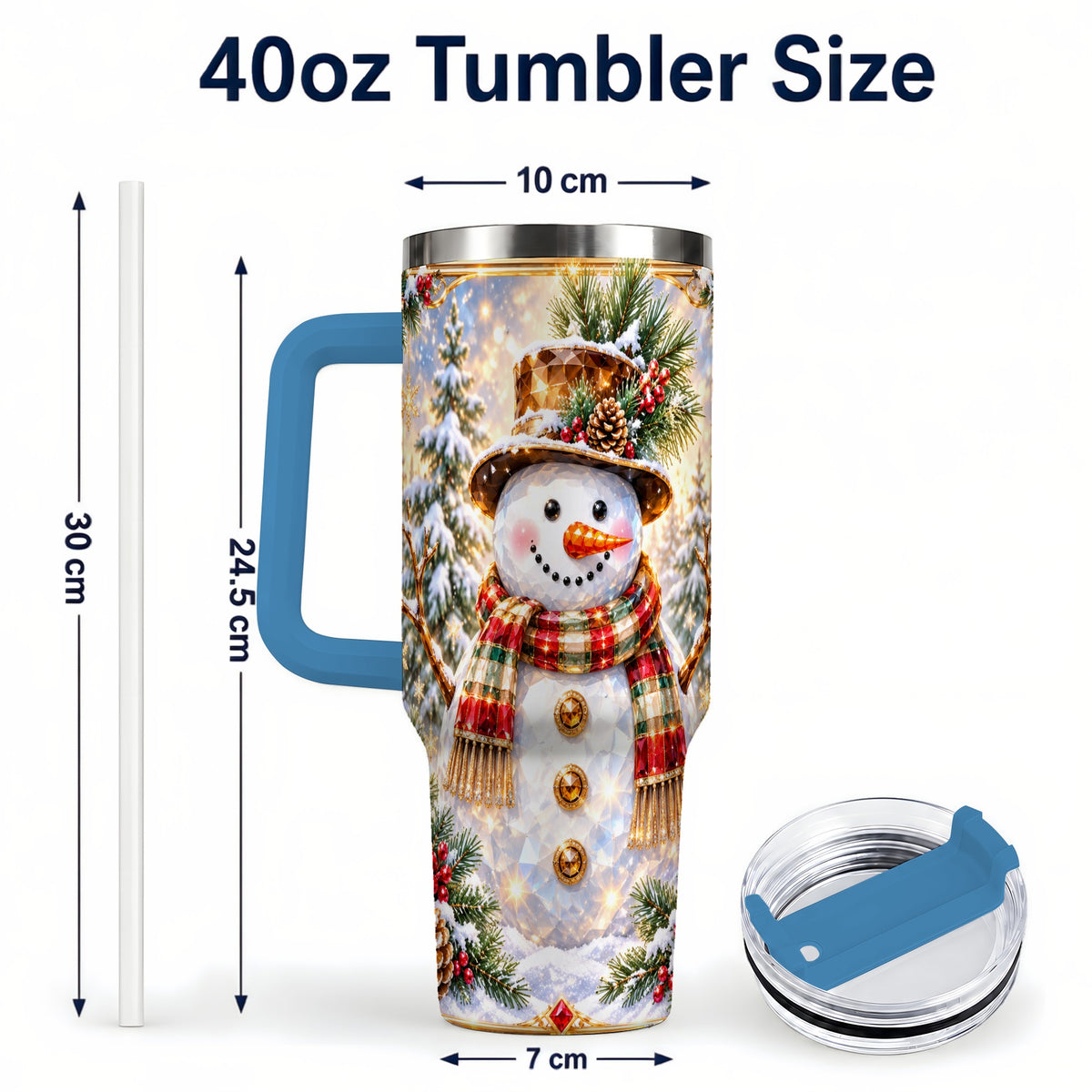 #pl[40oz|Blue] Jeweled Snowman 40oz Tumbler with Handle, Christmas Travel Cup
