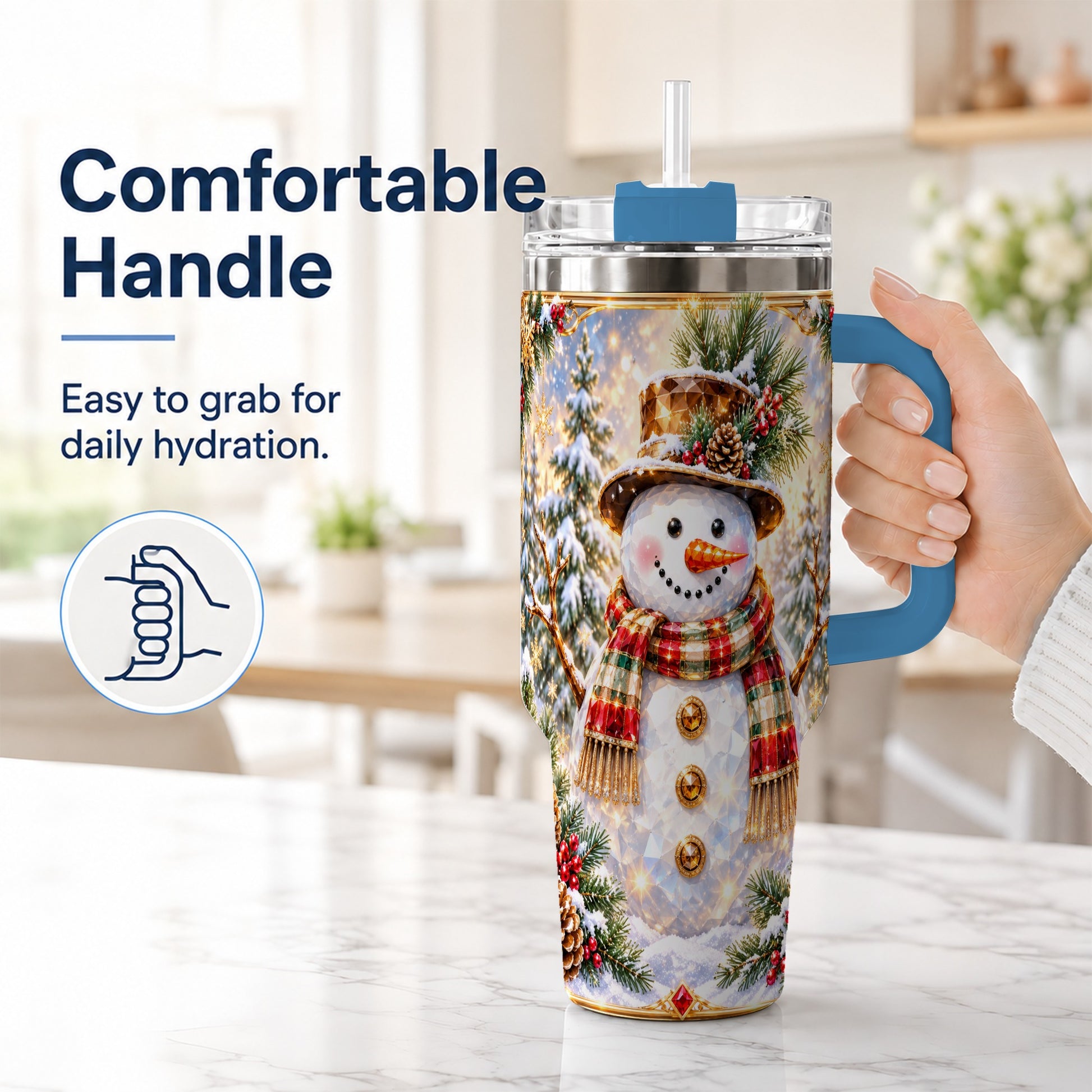 #pl[40oz|Blue] Jeweled Snowman 40oz Tumbler with Handle, Christmas Travel Cup