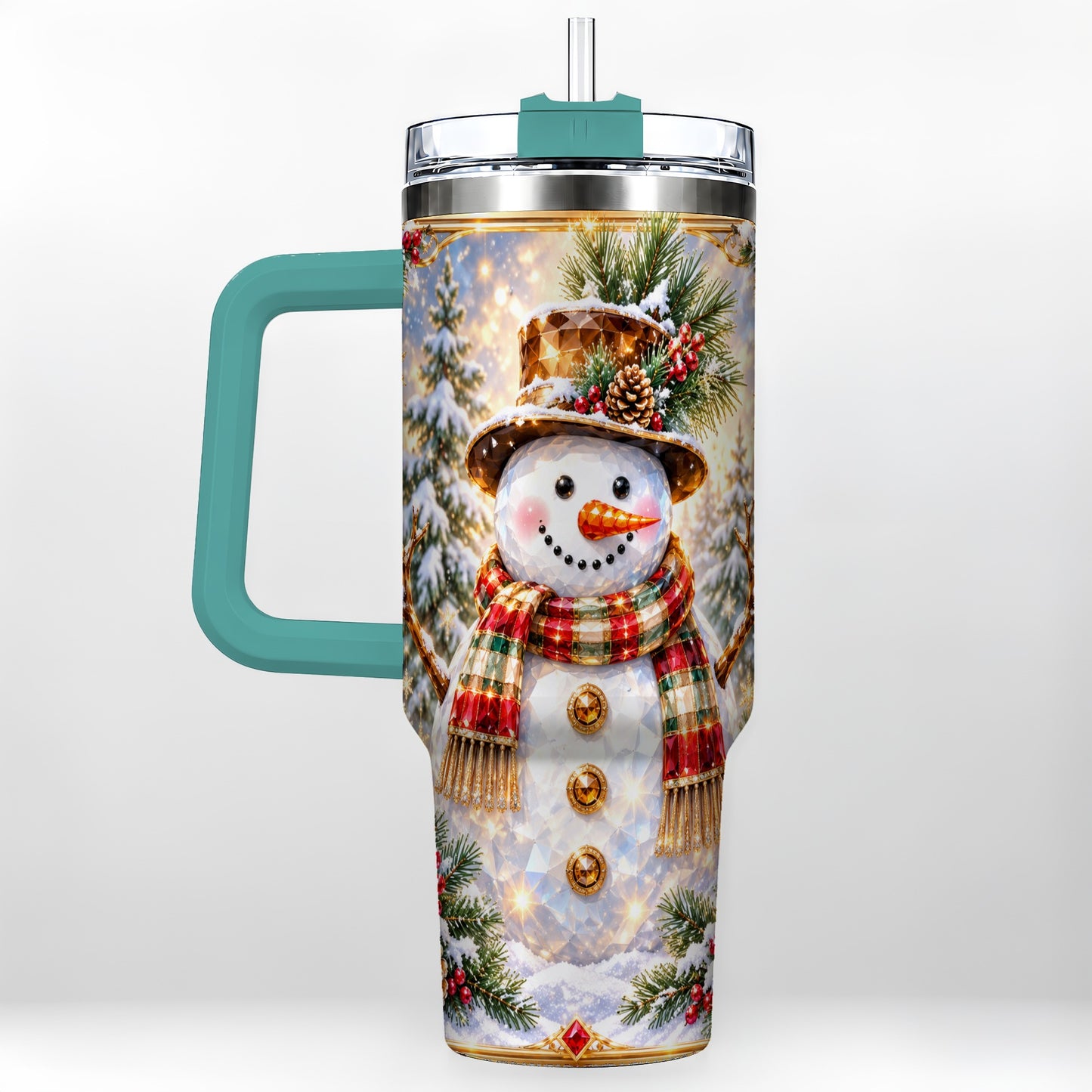 #pl[40oz|Green] Jeweled Snowman 40oz Tumbler with Handle, Christmas Travel Cup