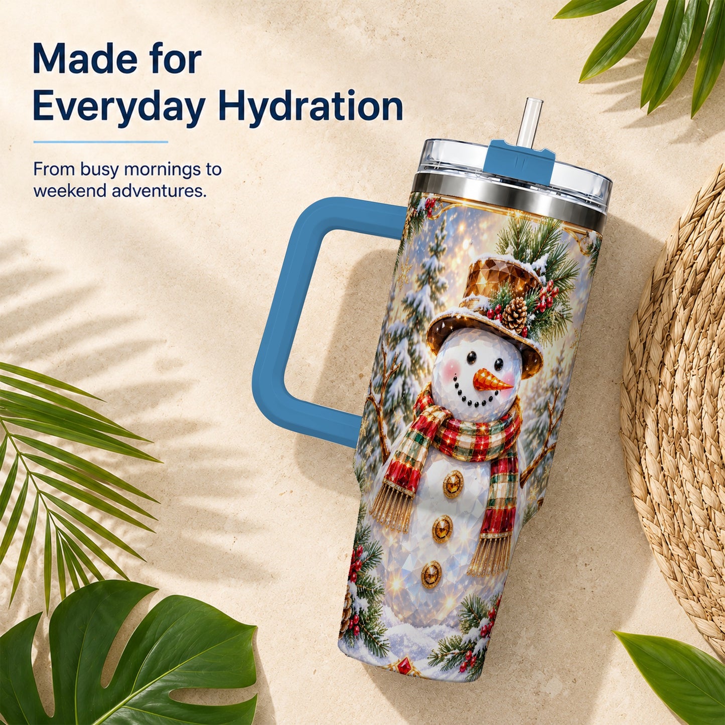 #pl[40oz|Blue] Jeweled Snowman 40oz Tumbler with Handle, Christmas Travel Cup
