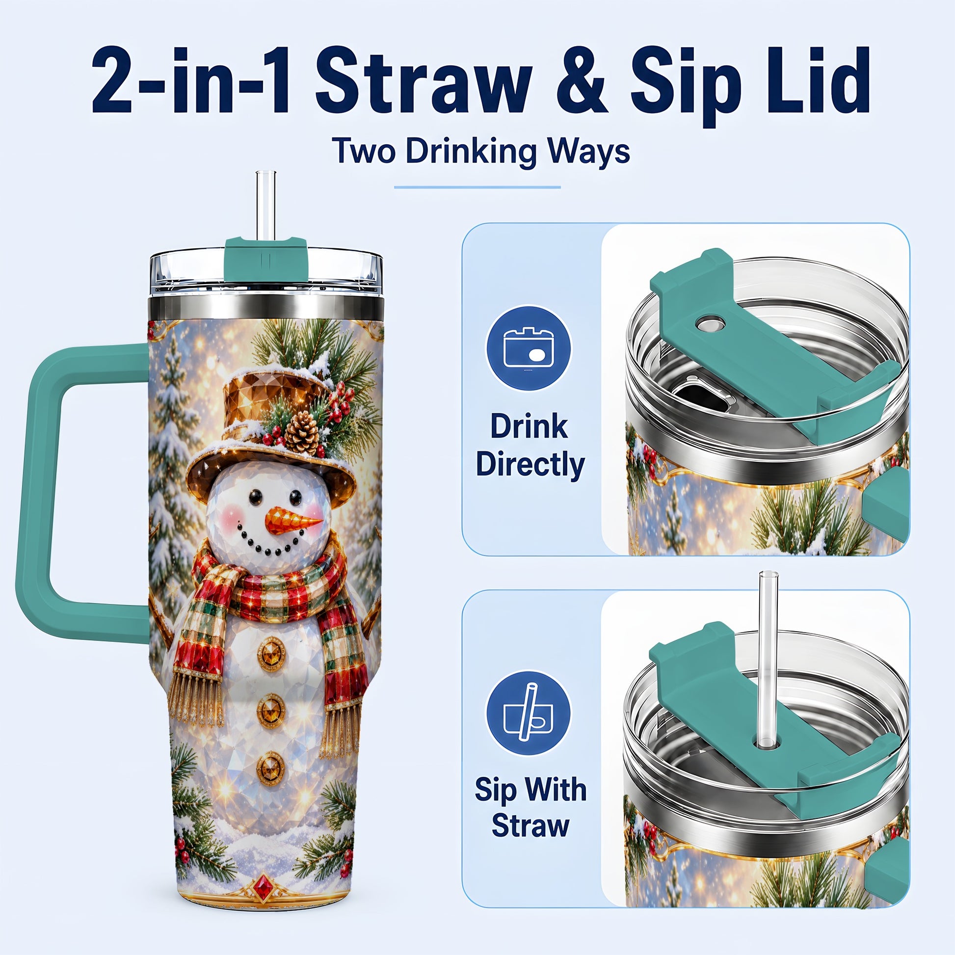 #pl[40oz|Green] Jeweled Snowman 40oz Tumbler with Handle, Christmas Travel Cup