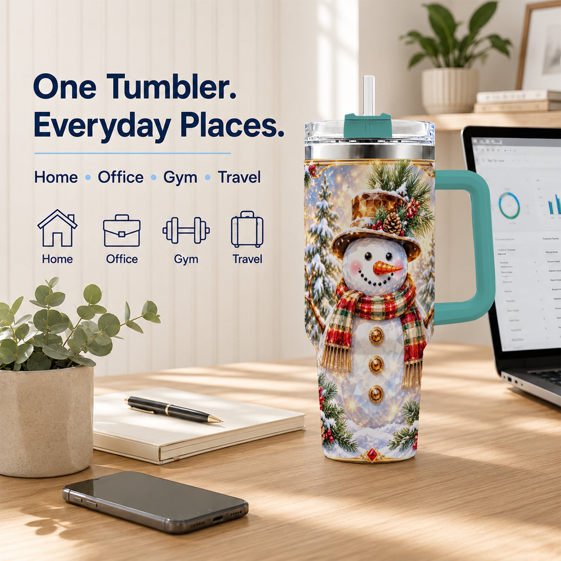 #pl[40oz|Green] Jeweled Snowman 40oz Tumbler with Handle, Christmas Travel Cup