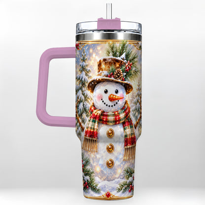 #pl[40oz|Pink] Jeweled Snowman 40oz Tumbler with Handle, Christmas Travel Cup