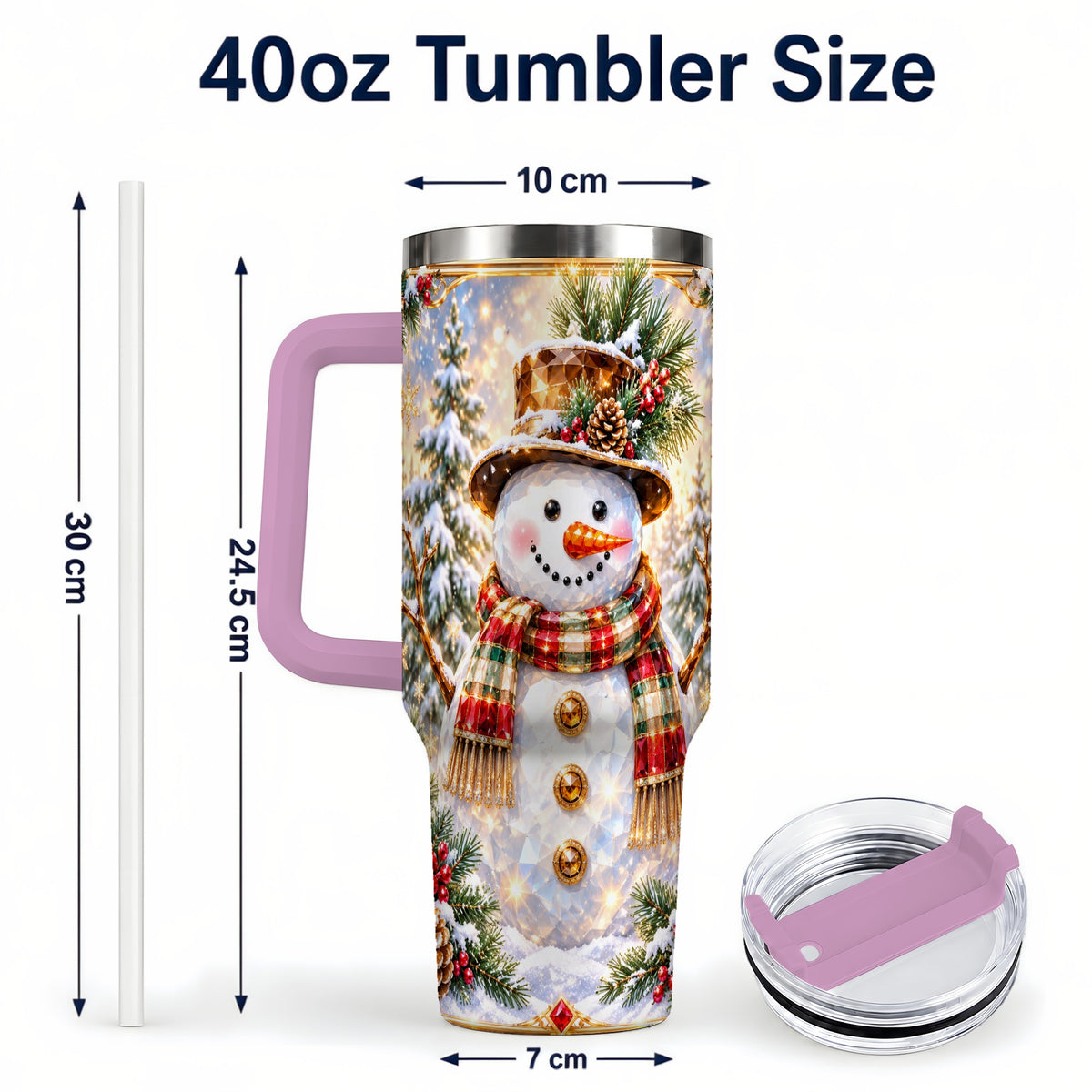 #pl[40oz|Pink] Jeweled Snowman 40oz Tumbler with Handle, Christmas Travel Cup