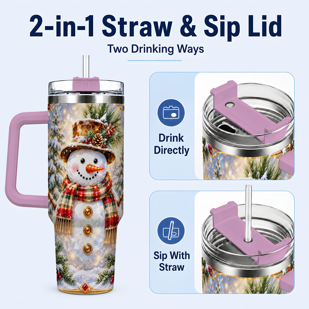 #pl[40oz|Pink] Jeweled Snowman 40oz Tumbler with Handle, Christmas Travel Cup