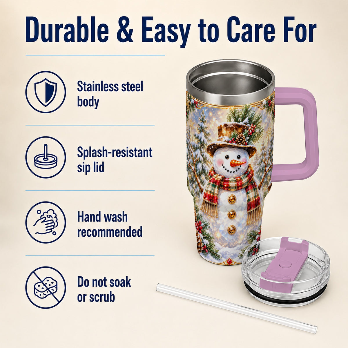 #pl[40oz|Pink] Jeweled Snowman 40oz Tumbler with Handle, Christmas Travel Cup