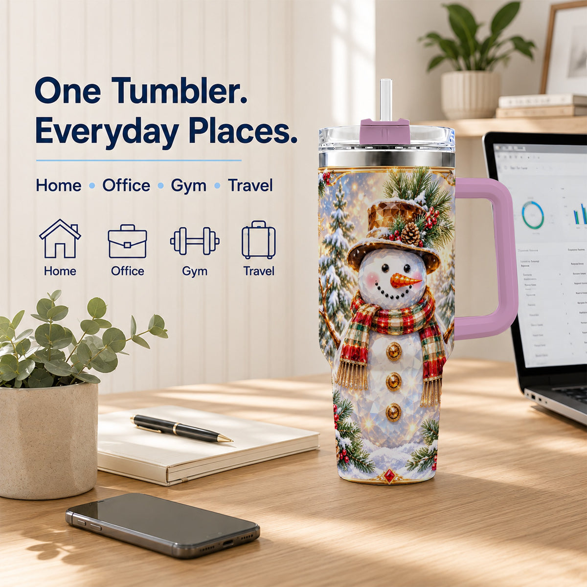 #pl[40oz|Pink] Jeweled Snowman 40oz Tumbler with Handle, Christmas Travel Cup