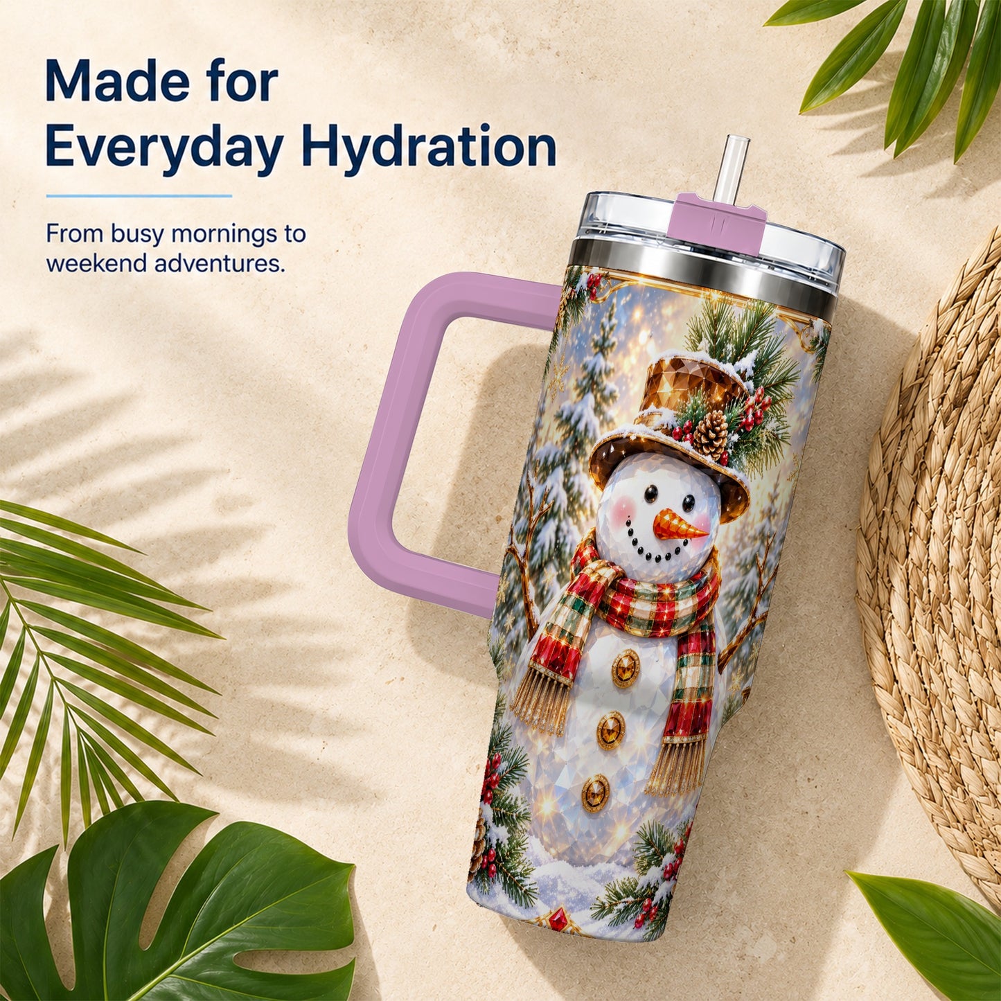 #pl[40oz|Pink] Jeweled Snowman 40oz Tumbler with Handle, Christmas Travel Cup