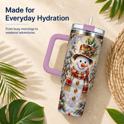 #pl[40oz|Pink] Jeweled Snowman 40oz Tumbler with Handle, Christmas Travel Cup