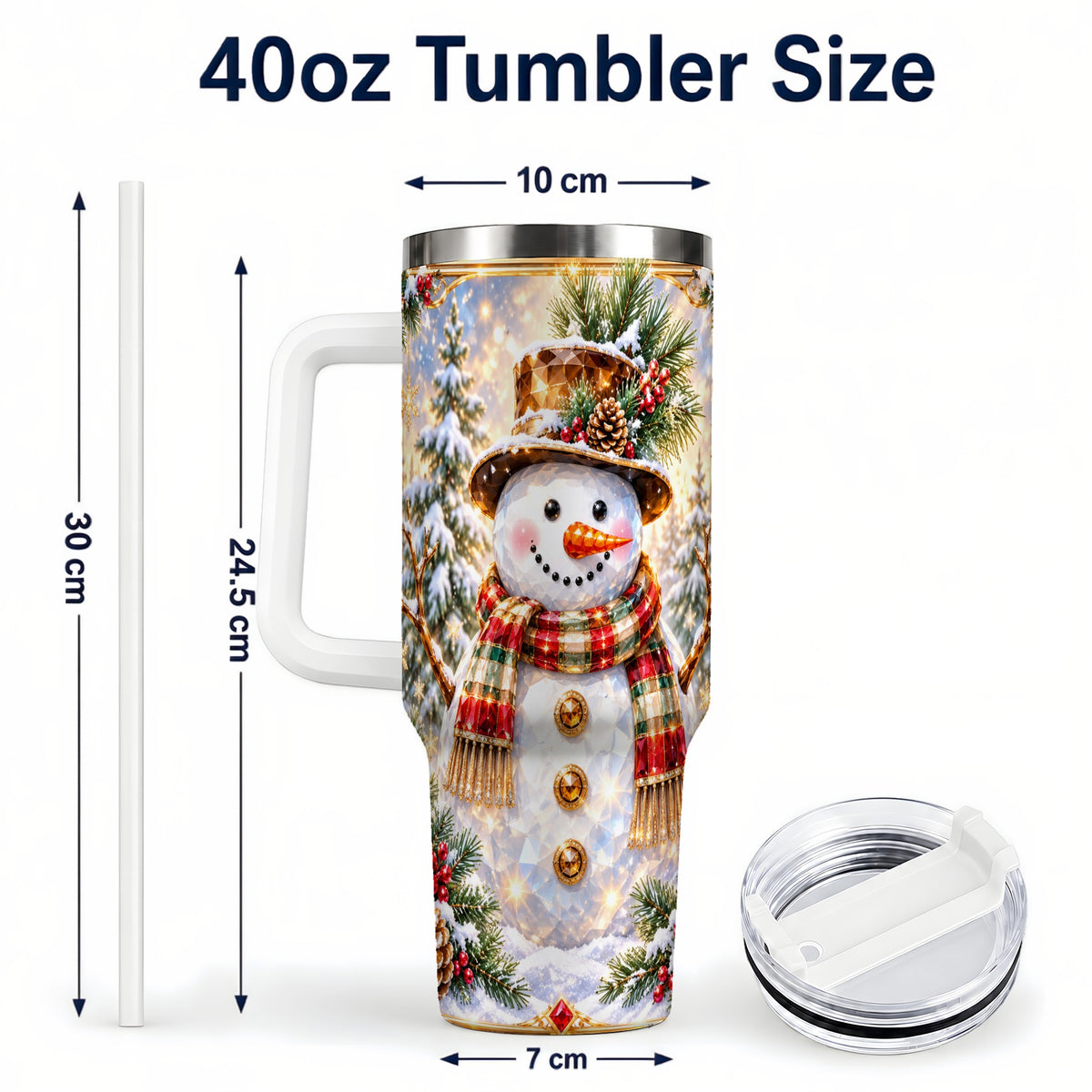 #pl[40oz|White] Jeweled Snowman 40oz Tumbler with Handle, Christmas Travel Cup