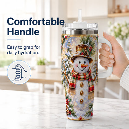 #pl[40oz|White] Jeweled Snowman 40oz Tumbler with Handle, Christmas Travel Cup