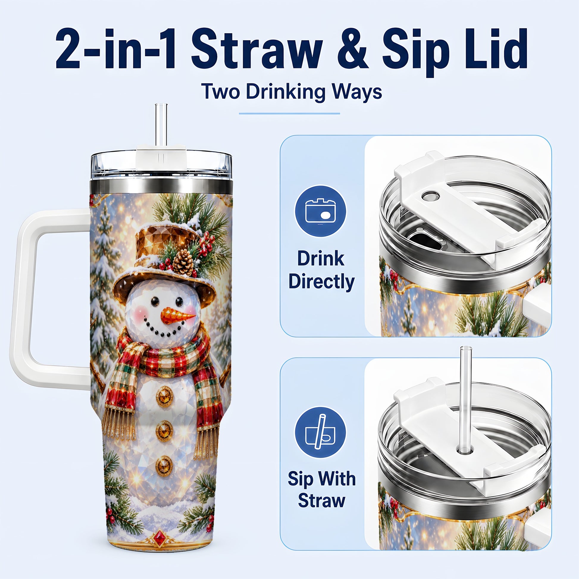#pl[40oz|White] Jeweled Snowman 40oz Tumbler with Handle, Christmas Travel Cup