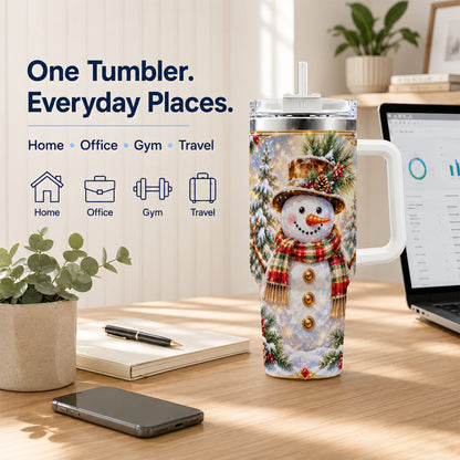 #pl[40oz|White] Jeweled Snowman 40oz Tumbler with Handle, Christmas Travel Cup