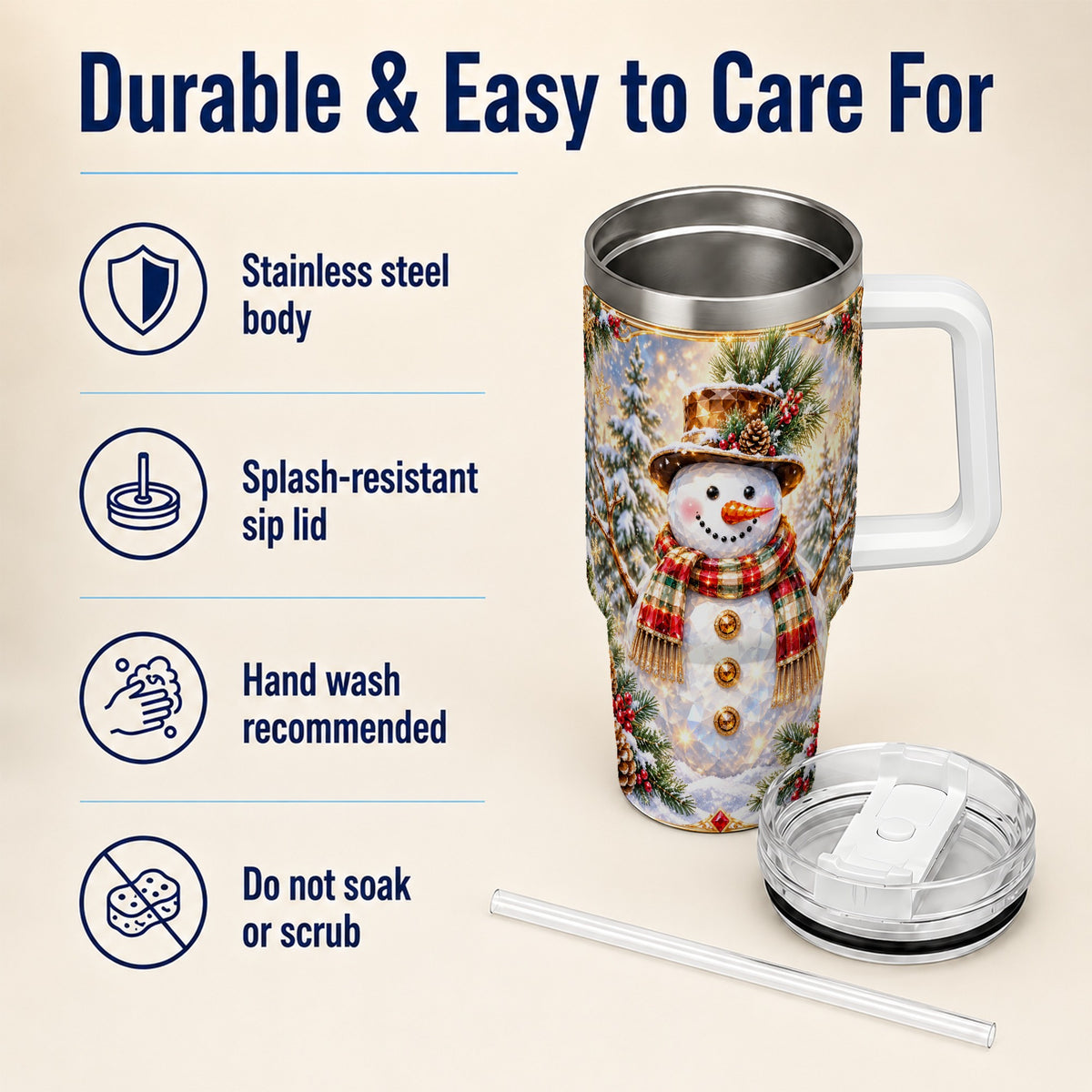 #pl[40oz|White] Jeweled Snowman 40oz Tumbler with Handle, Christmas Travel Cup
